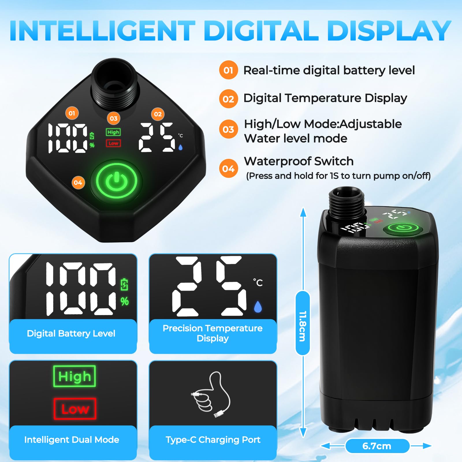 Portable Shower for Camping, 6000mAh Rechargeable Camping Shower with Intelligent LED Display, 4 Spray Modes, IPX7 Waterproof Outdoor Camp Pump for Hiking, Beach, Travel, Car, Pet