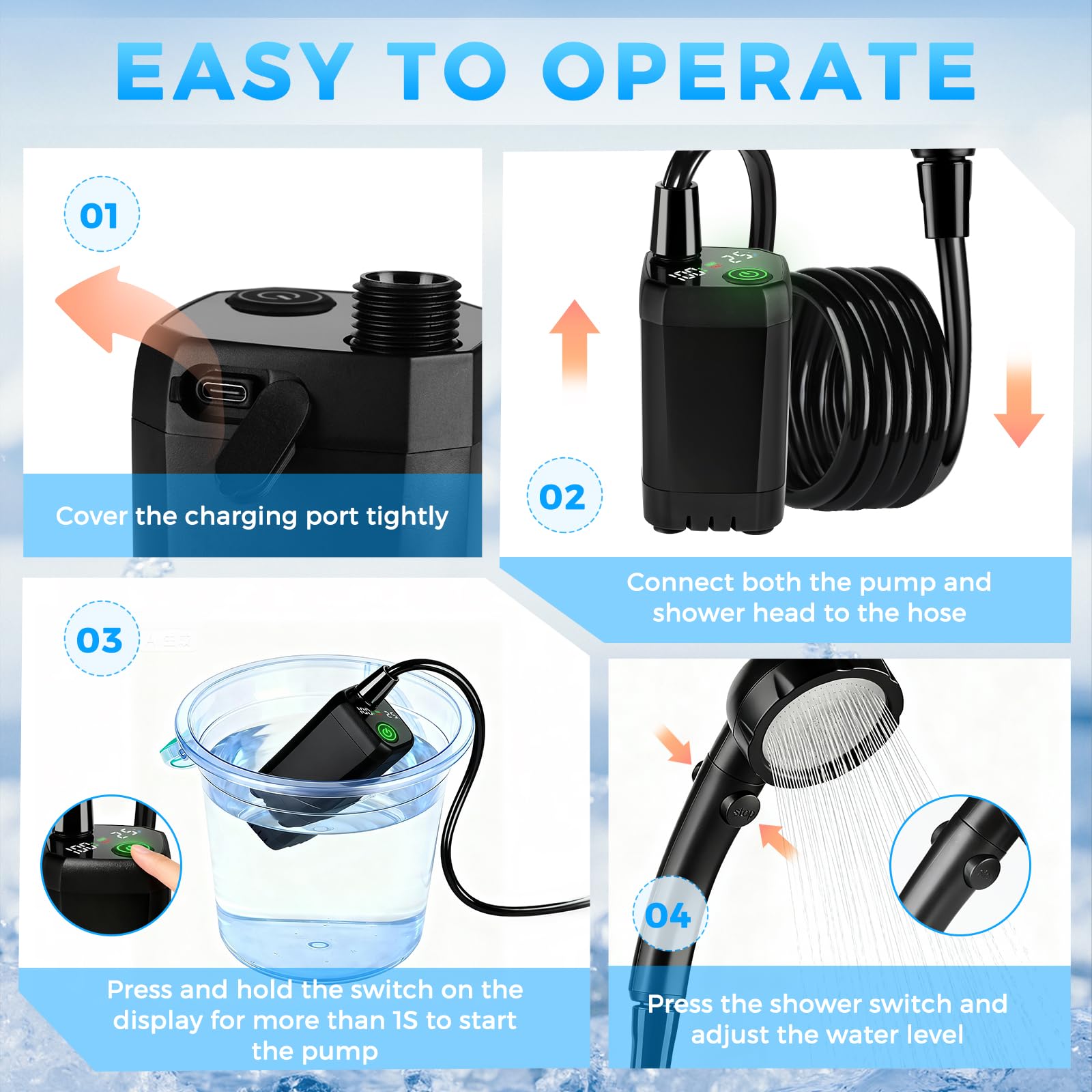 Portable Shower for Camping, 6000mAh Rechargeable Camping Shower with Intelligent LED Display, 4 Spray Modes, IPX7 Waterproof Outdoor Camp Pump for Hiking, Beach, Travel, Car, Pet