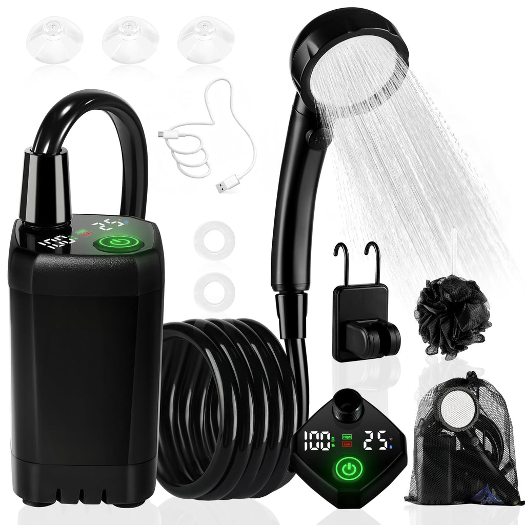 Portable Shower for Camping, 6000mAh Rechargeable Camping Shower with Intelligent LED Display, 4 Spray Modes, IPX7 Waterproof Outdoor Camp Pump for Hiking, Beach, Travel, Car, Pet