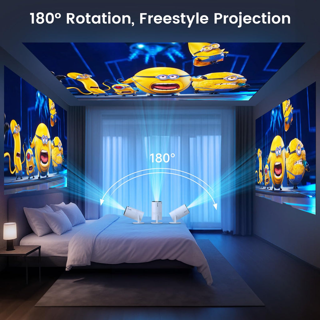 Mini Projector Full HD 1080P, Portable Projector with WiFi and Two-Way Bluetooth, 180° Rotatable, Auto Vertical Keystone, Dust Removal Design, Compatible with Smartphone, TV Stick, HDMI