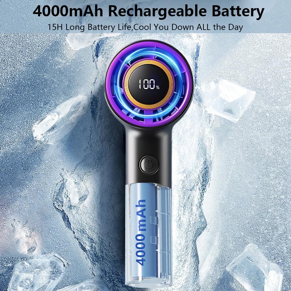 Portable Handheld Fan, Speed (10-100) Adjustable Turbo Mini Fan, [15H Max Cooling Time] 4000mAh Battery Rechargeable Personal Fan with LED Display for Women Men Outdoor Beach Travel Camping