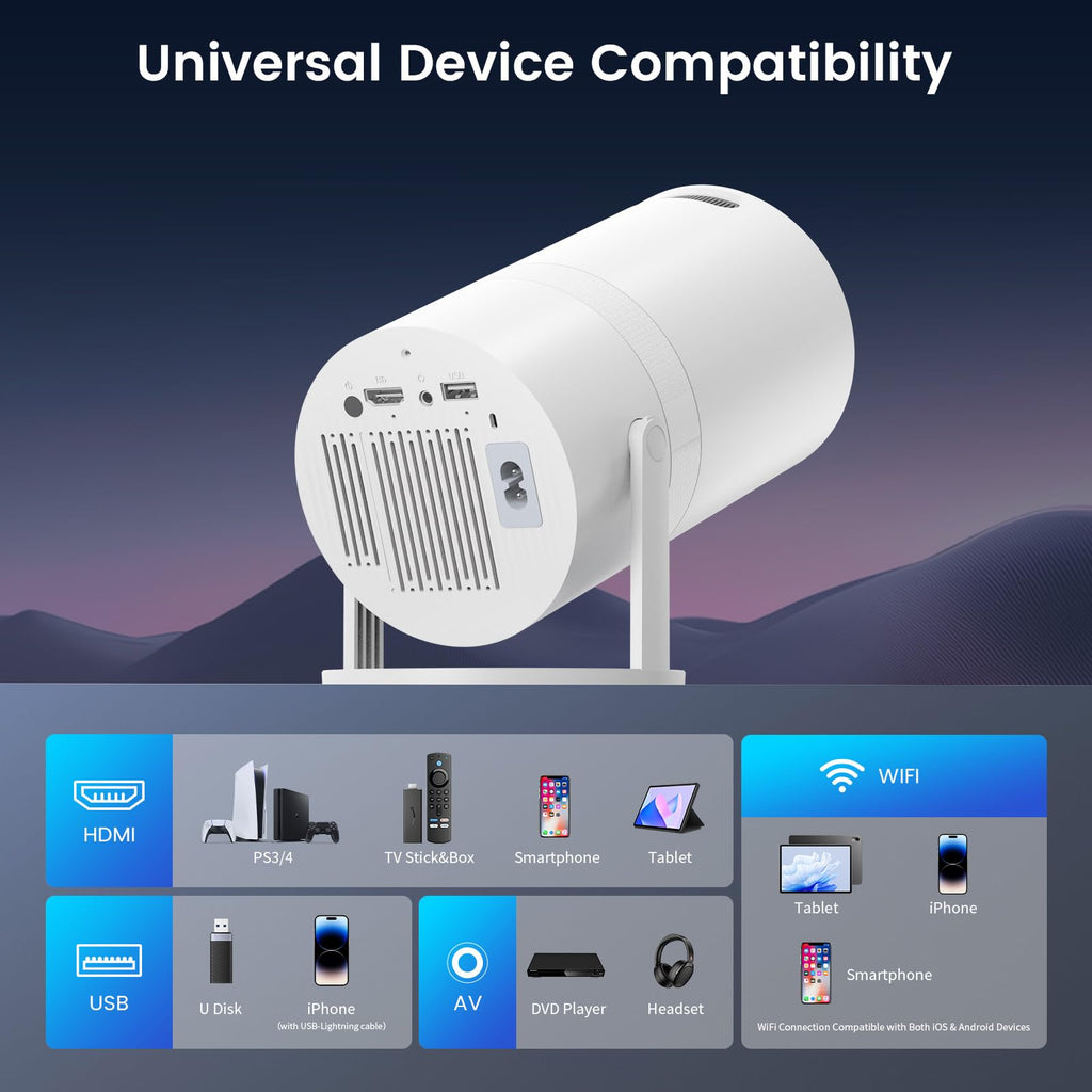 Mini Projector Full HD 1080P, Portable Projector with WiFi and Two-Way Bluetooth, 180° Rotatable, Auto Vertical Keystone, Dust Removal Design, Compatible with Smartphone, TV Stick, HDMI