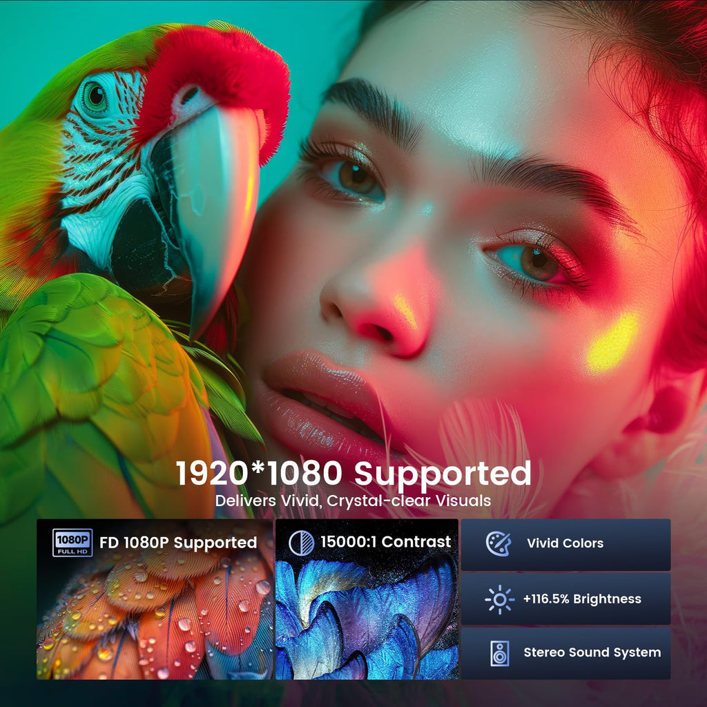 Mini Projector Full HD 1080P, Portable Projector with WiFi and Two-Way Bluetooth, 180° Rotatable, Auto Vertical Keystone, Dust Removal Design, Compatible with Smartphone, TV Stick, HDMI