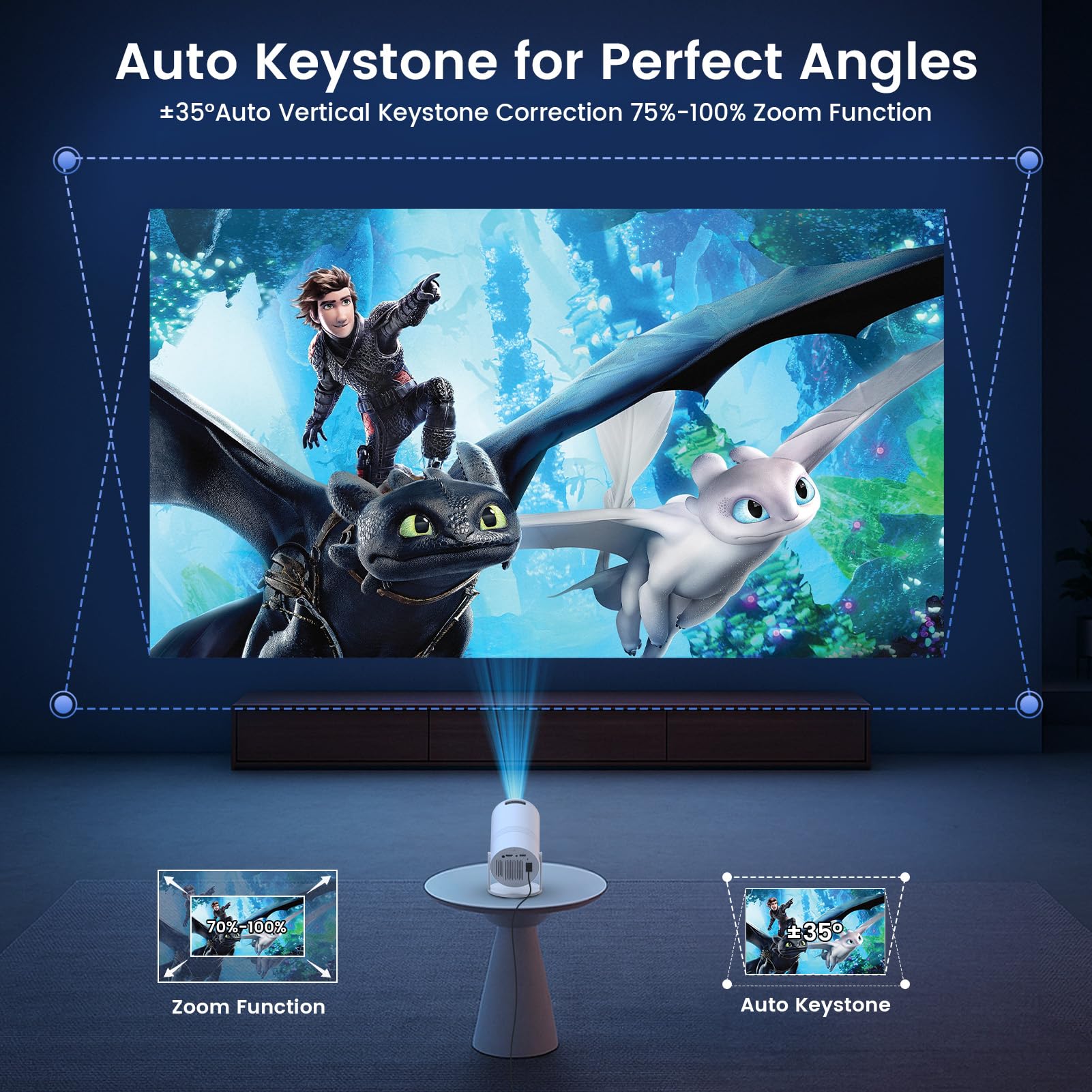 Mini Projector Full HD 1080P, Portable Projector with WiFi and Two-Way Bluetooth, 180° Rotatable, Auto Vertical Keystone, Dust Removal Design, Compatible with Smartphone, TV Stick, HDMI